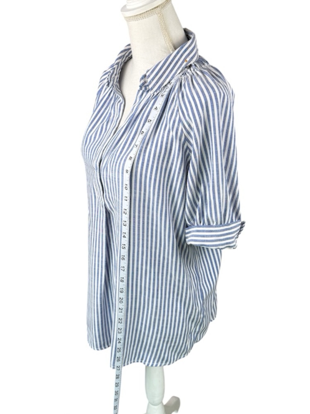 Max Studio Blue & White Striped Popover Blouse Collared Neck Short Cuffed Sleeve - Picture 10 of 11